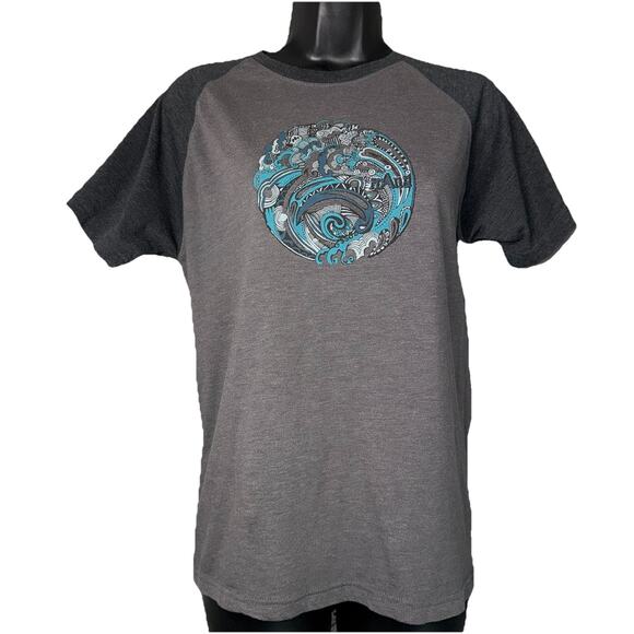 prAna Small T-Shirt Gray Contrast Collar Raglan Short Sleeve Boho Art 70s Retro - Picture 1 of 5